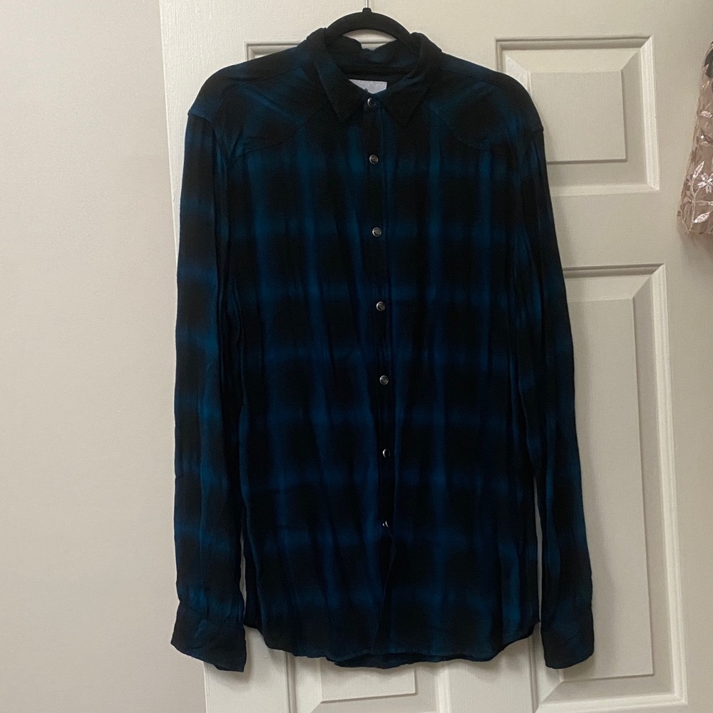 YoungLA Men's Blue & Black Plaid Shirt